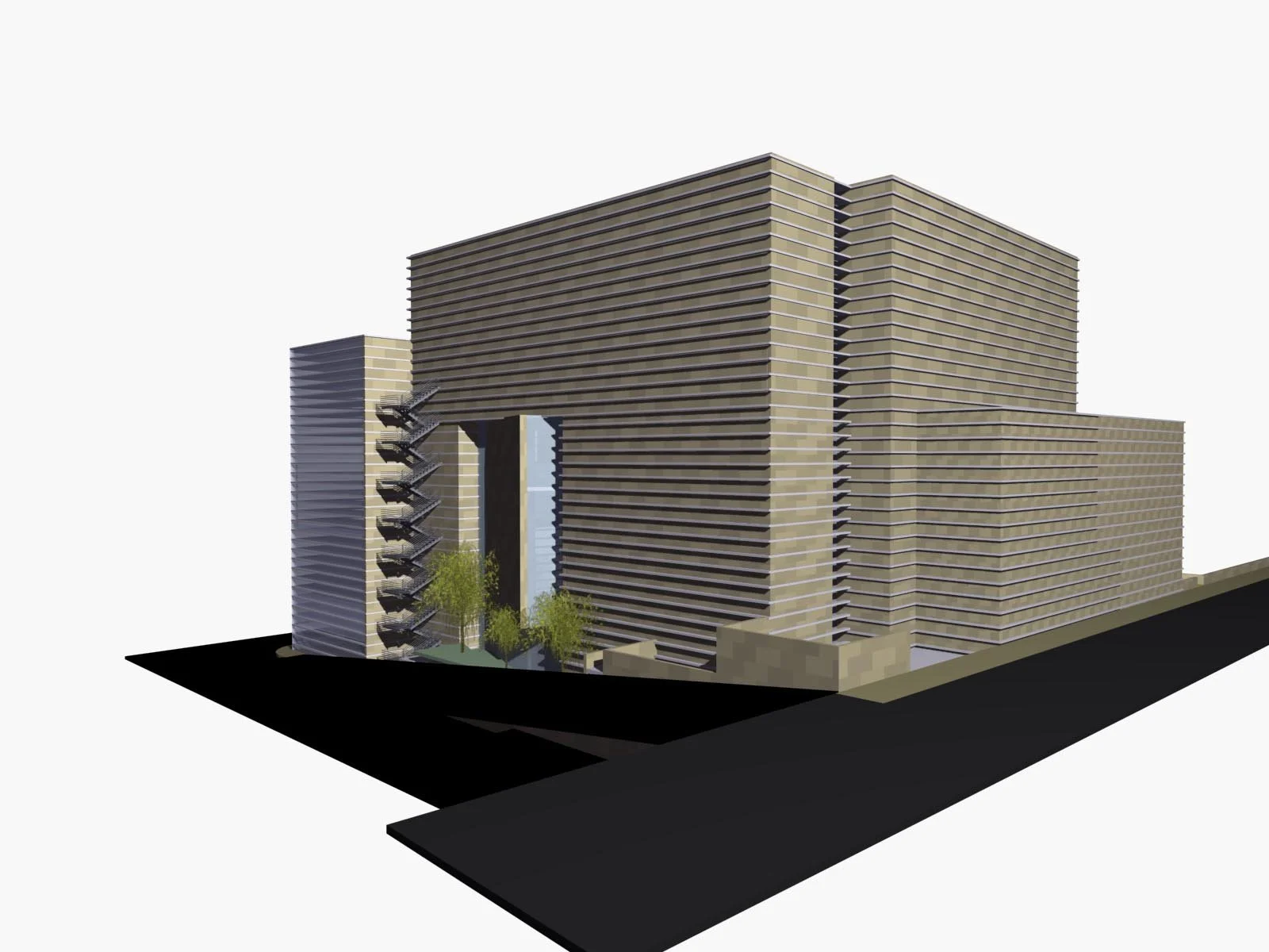 A digital rendering of a modern multi-story building with horizontal striped exterior, an external staircase on the side, and trees at the entrance.