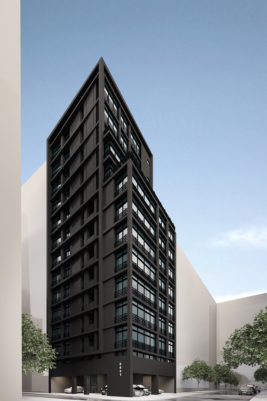 Black multi-story modern residential or office building with large windows and balconies, numbered 2431, in an urban setting with white surrounding structures, trees, and parked cars in the foreground.