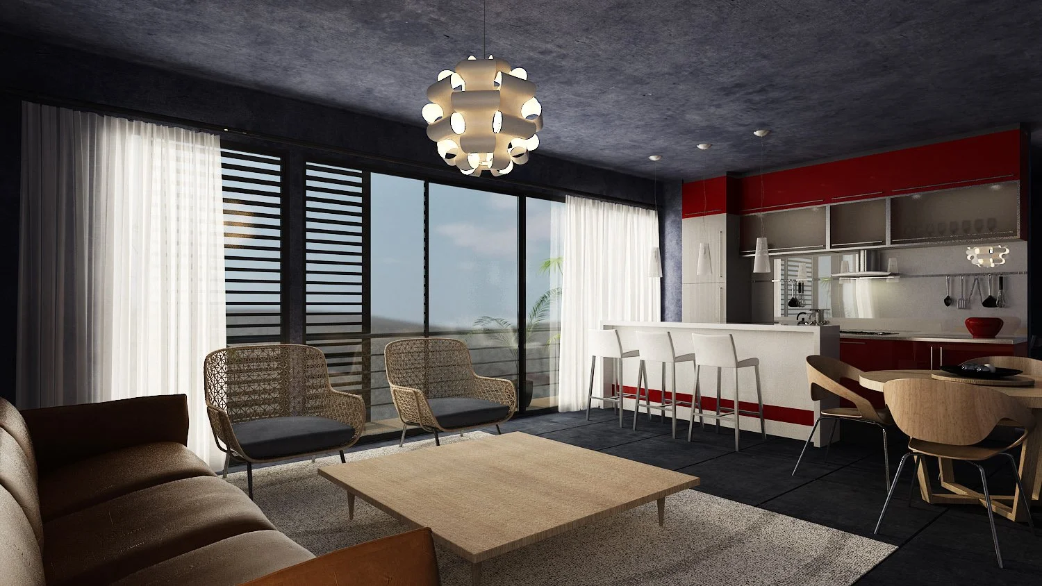 Modern living room and kitchen area with large windows, white curtains, contemporary chandelier, sofa, and chairs.