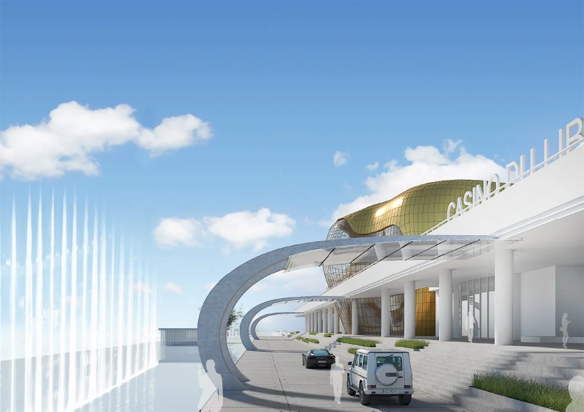 Modern building with curved architectural design, gold and glass facade, and large windows, labeled 'CASINO DUBLIN' with parking area and cars in front, under a blue sky with white clouds.