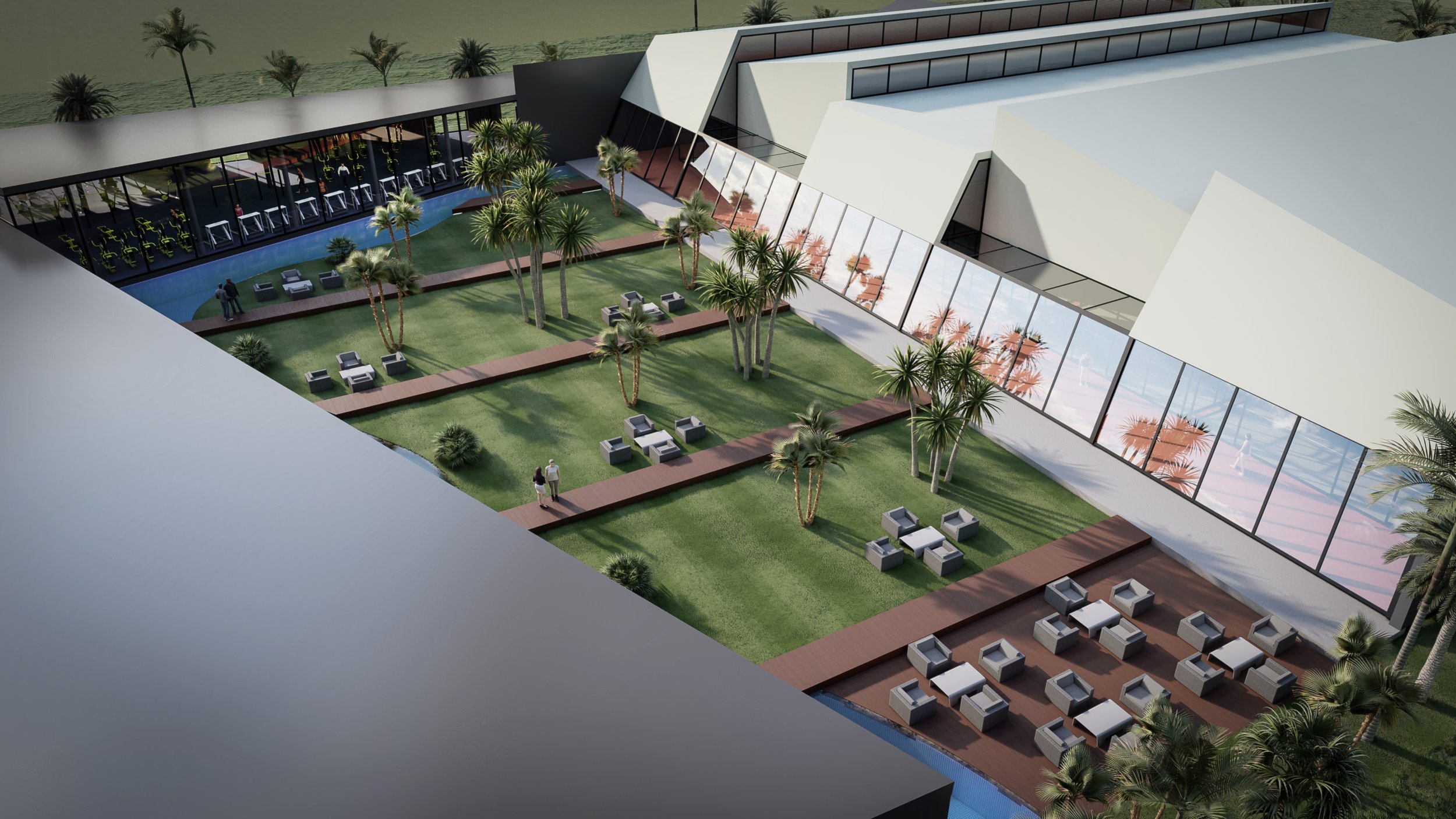 Aerial view of a modern outdoor terrace with green grass, palm trees, seating areas, and a glass-enclosed fitness room with exercise equipment, set against a backdrop of a green landscape with palm trees.