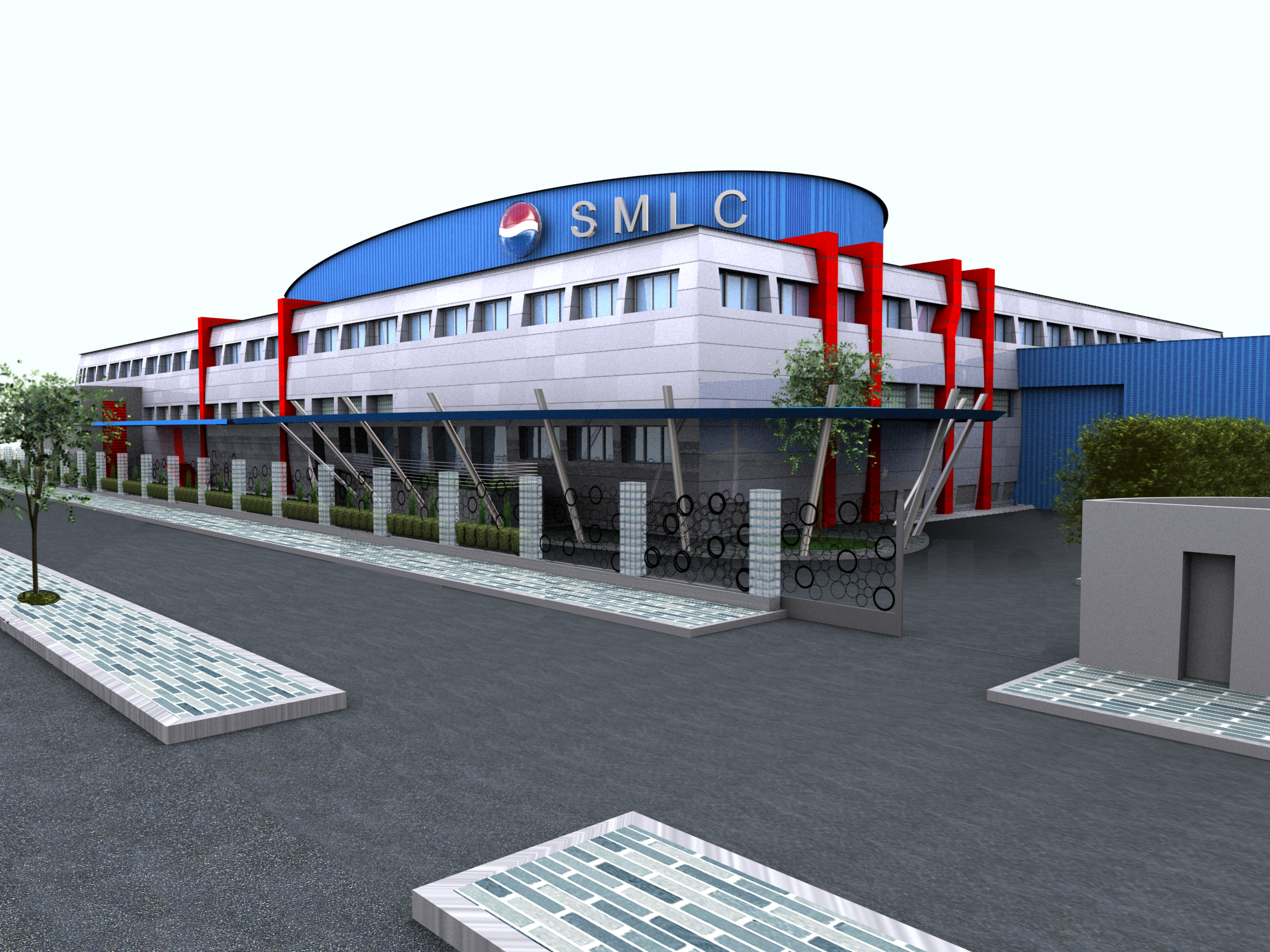 Image of a modern building with the logo and name 'SMLC' on the top blue sign, featuring red structural elements and glass windows, along with a sidewalk, trees, and a black fence in the foreground.