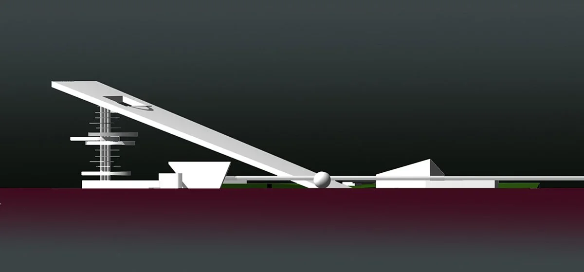 Digital illustration of a modern architectural building with a tilted roof, tower-like structure, and geometric shapes.