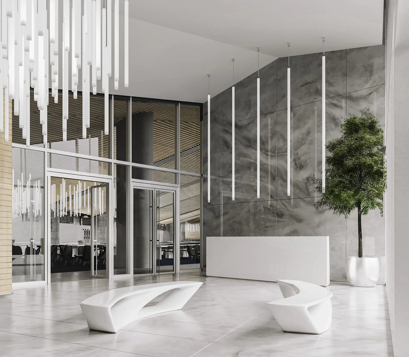 Modern lobby with white marble floors, decorative hanging lights, a marble accent wall, a large potted tree, white sculptural benches, and glass doors leading to a conference room.