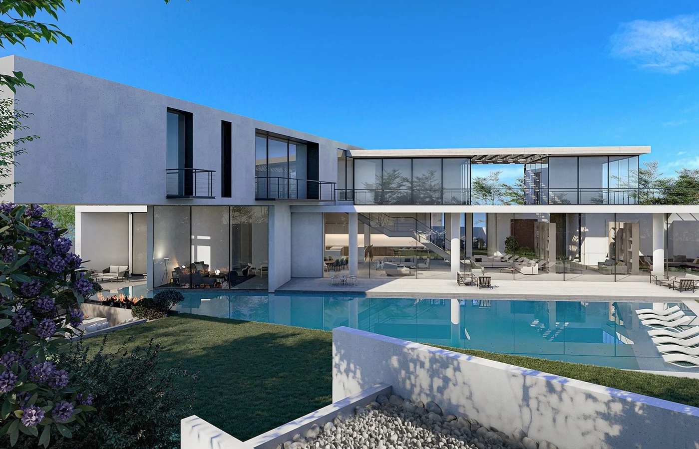 Modern two-story house with large glass windows, a swimming pool, and outdoor seating area, surrounded by green lawn and plants.