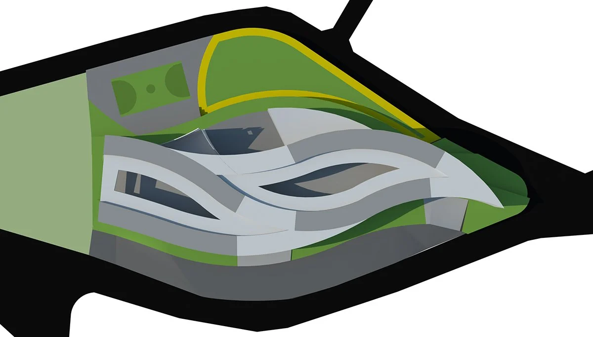 Architectural rendering of a modern building with curved, flowing design and green landscaping.