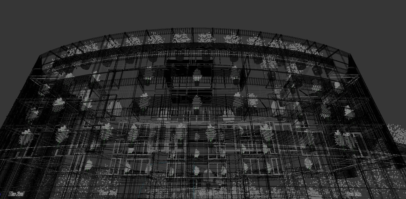 Wireframe 3D model of a multi-level circular structure with balconies and railings.