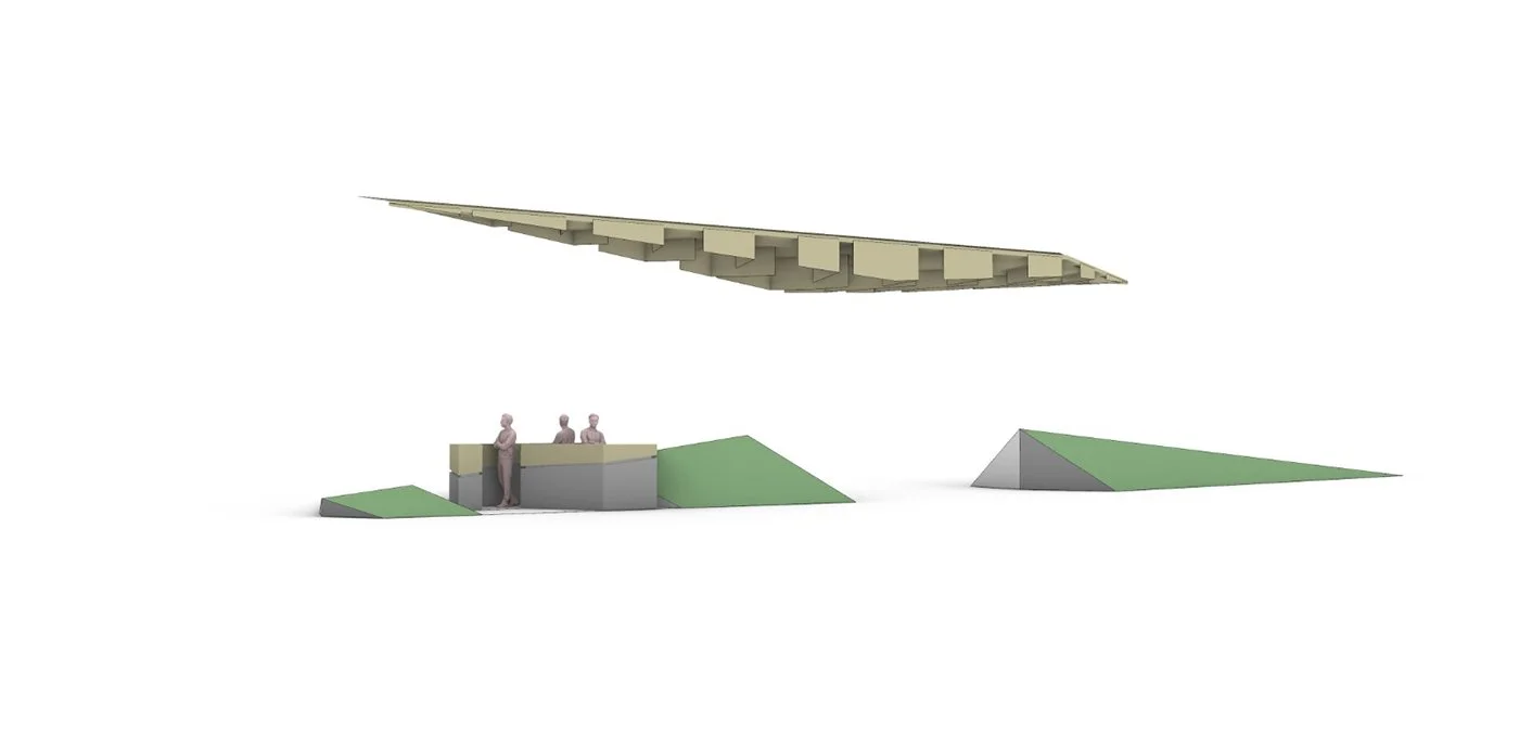 Digital architectural model with three human figures, showing a sloped walkway, steps, and geometric landscape elements.