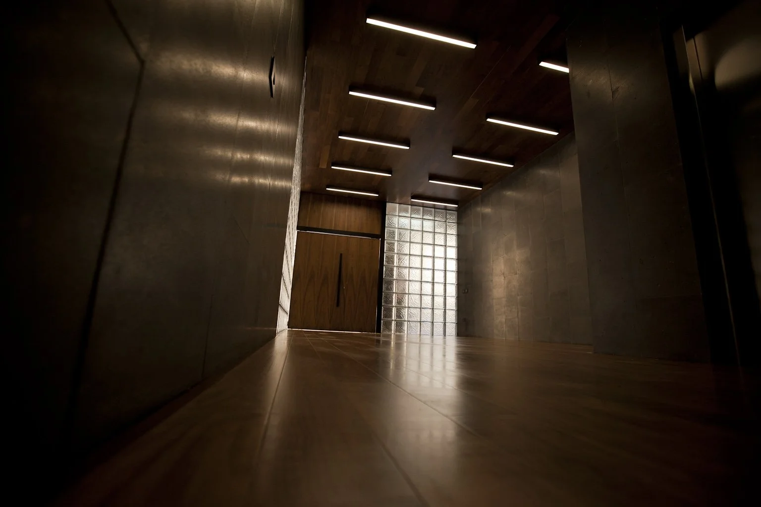 A modern interior hallway with wooden flooring, dark walls, a glass block window at the end, and ceiling lights.