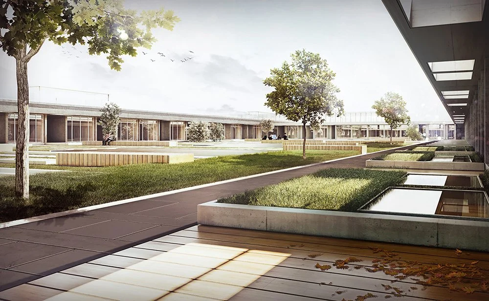 A modern outdoor courtyard with trees, grass, and benches, surrounded by contemporary buildings with glass windows.