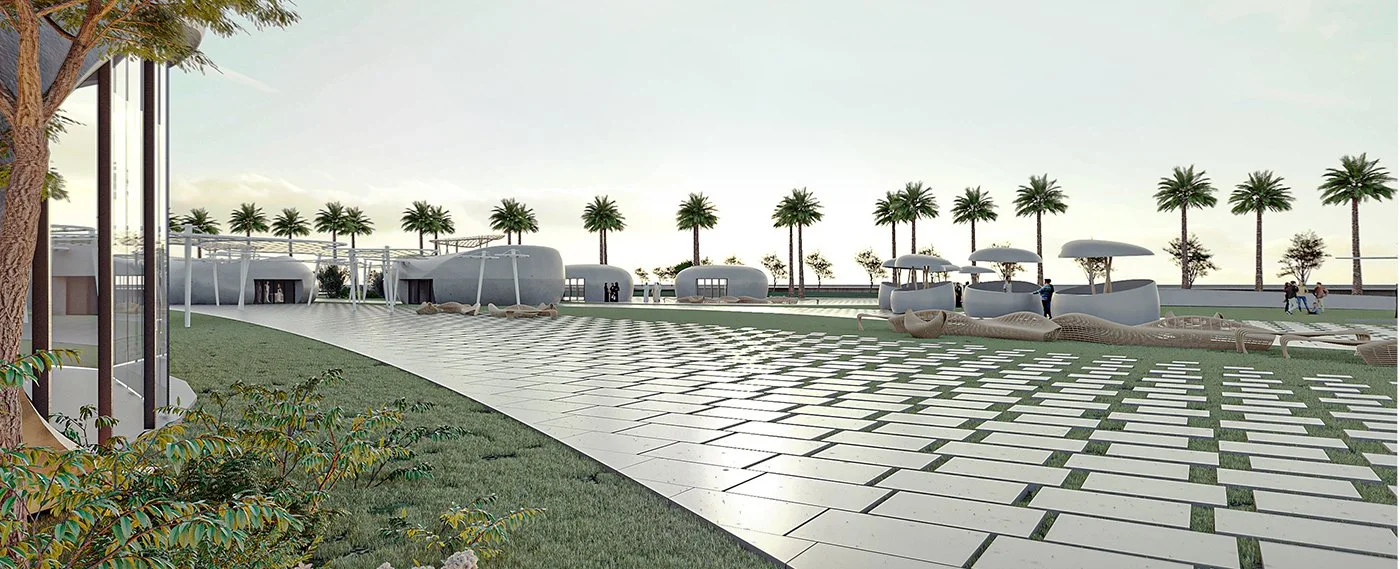 A modern outdoor space with white paving stones, palm trees, and futuristic-looking white structures with chairs and umbrellas.