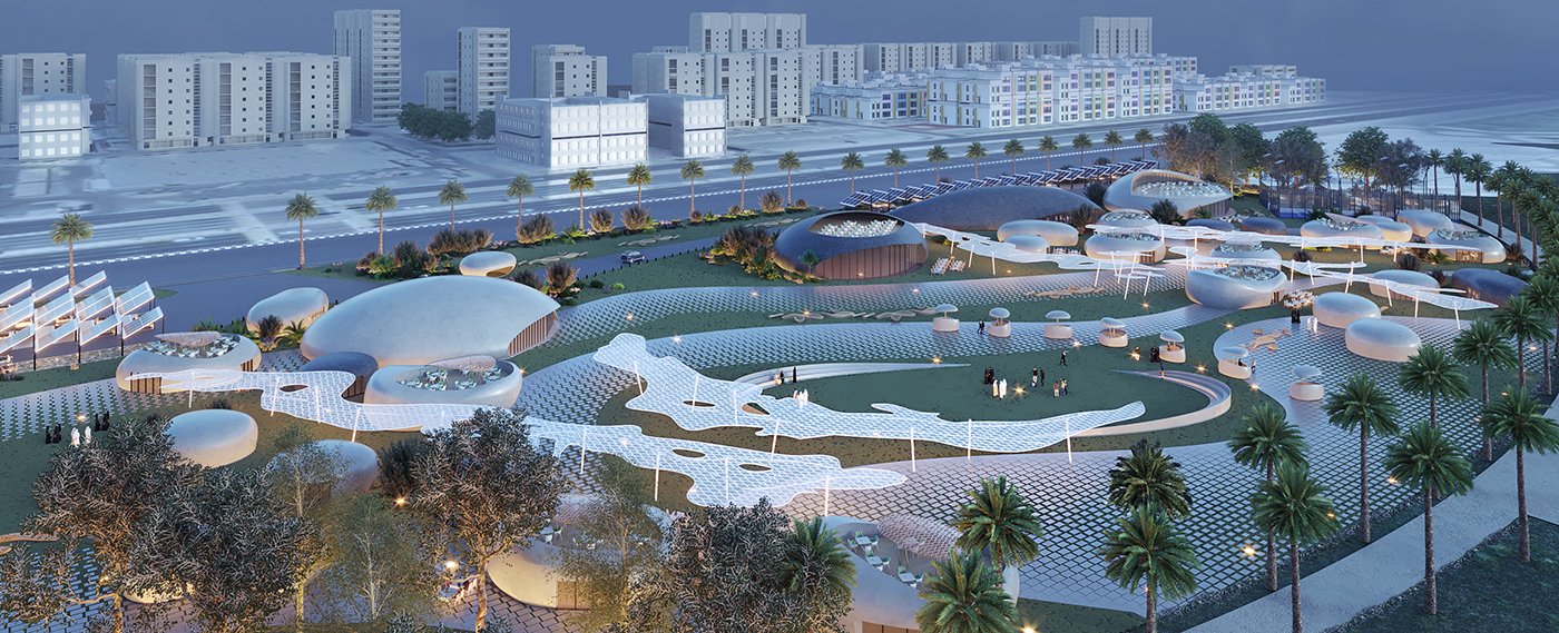A modern, futuristic urban park with various uniquely shaped, white, pod-like structures, pathways, and palm trees, set against a backdrop of tall buildings.
