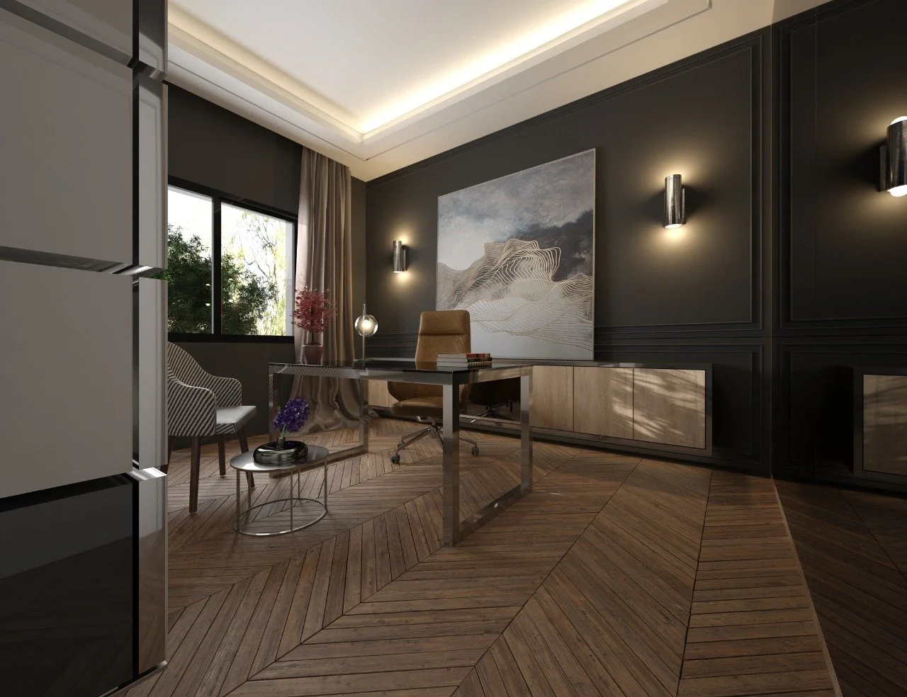 Modern office with dark walls, large window, wooden flooring, artwork, desk, armchair, and decorative elements.