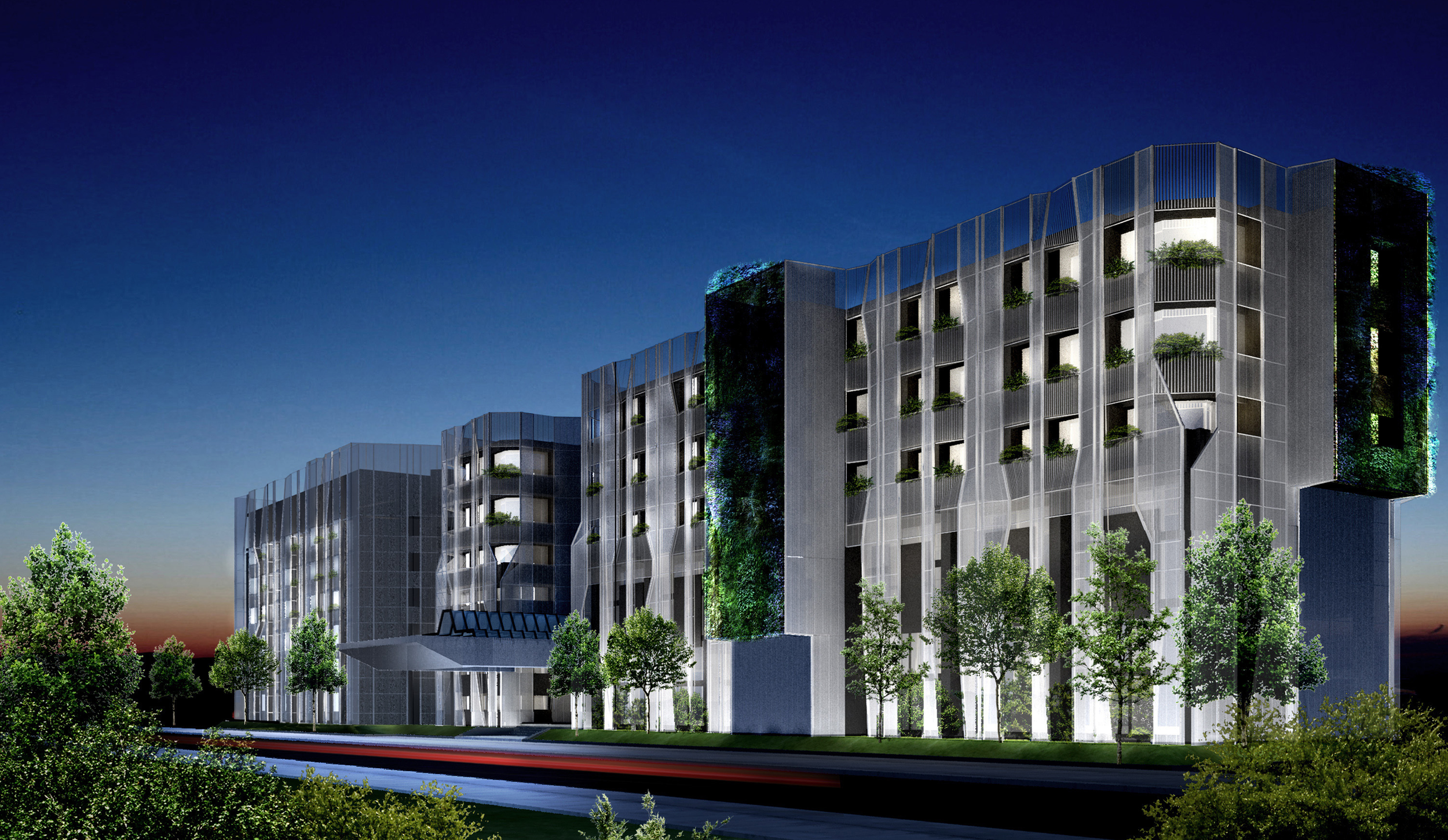 An architectural rendering of a modern multi-story building with geometric design features, balconies with greenery, and a backdrop of trees and evening sky.