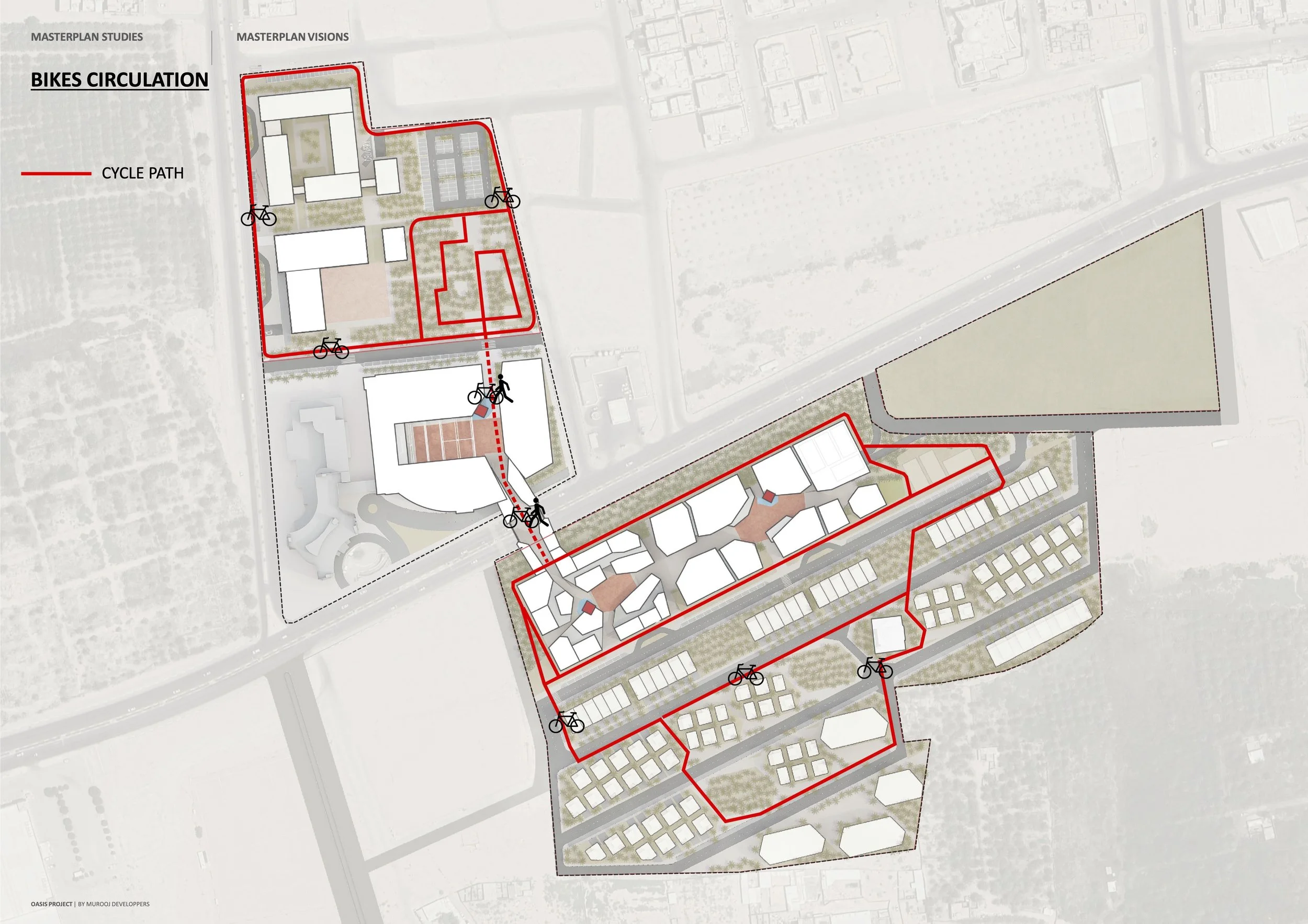 A detailed urban planning map showing bike cycle paths outlined in red, with various buildings, pathways, and bike icons indicating cycling routes and infrastructure within a residential or mixed-use development area.