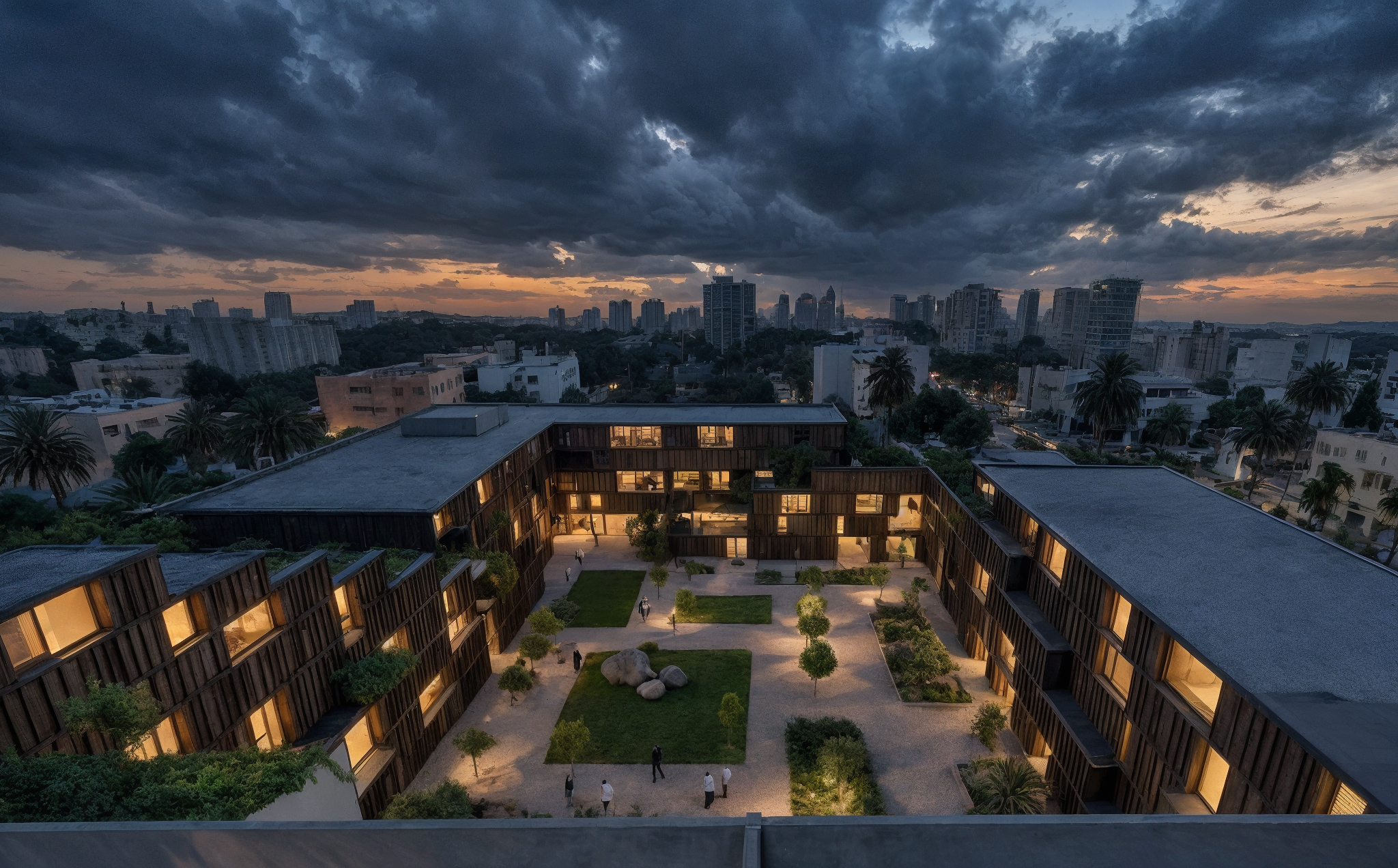 Cityscape at dusk with dark storm clouds overhead, illuminated windows in a courtyard, and tall buildings in the background.
Beirut architecture