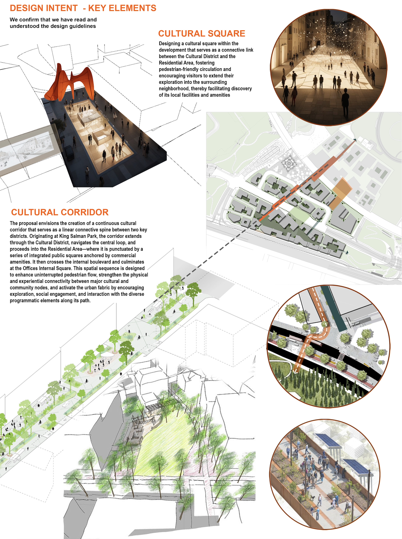 Design board showing key elements of urban development including a cultural square, cultural corridor, and pedestrian-friendly spaces with diagrams, renderings, and maps along with explanatory text.