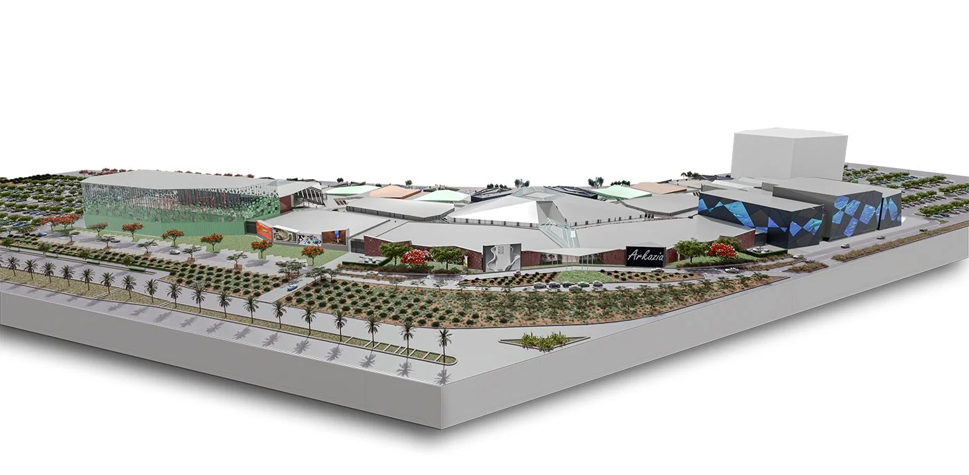 A detailed architectural design of a large commercial complex with multiple modern buildings, landscaped outdoor areas, and parking lots.