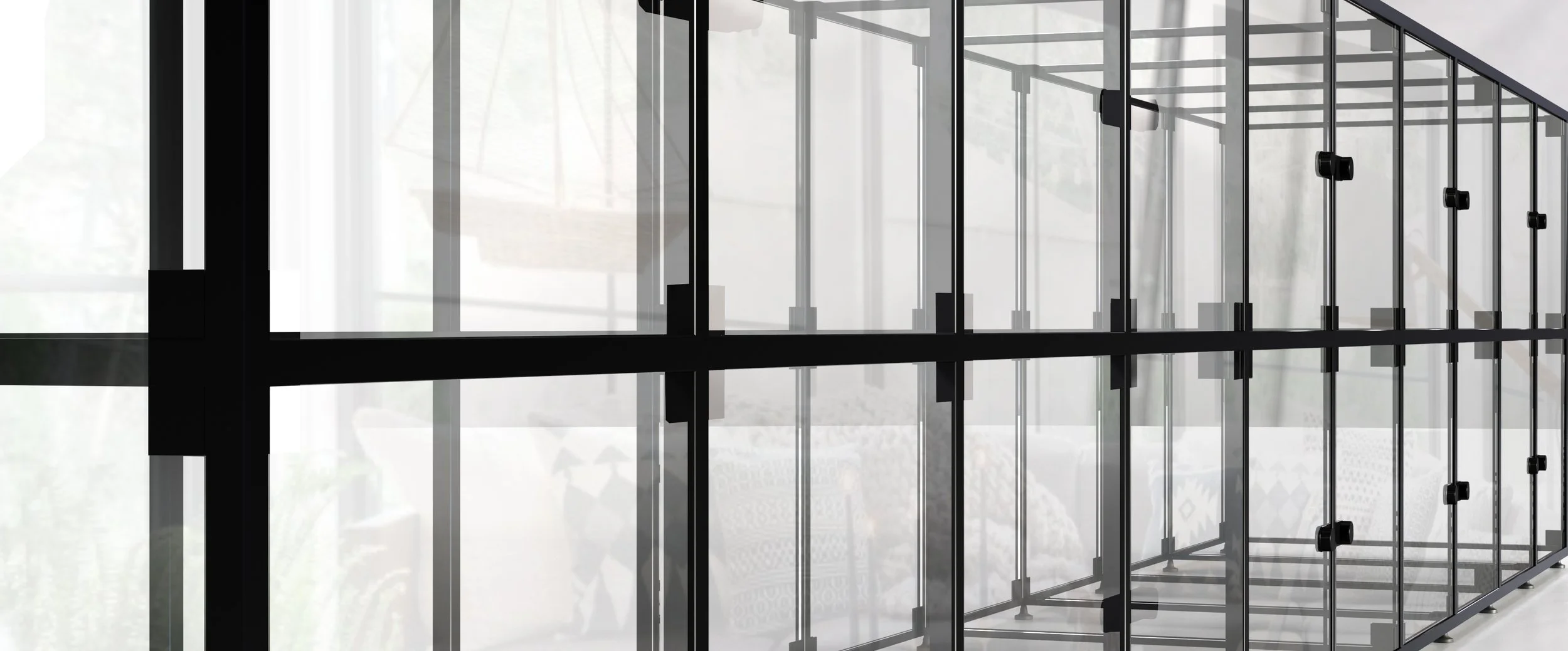 Interior view of a modern glass staircase with black metal framing and transparent glass panels.