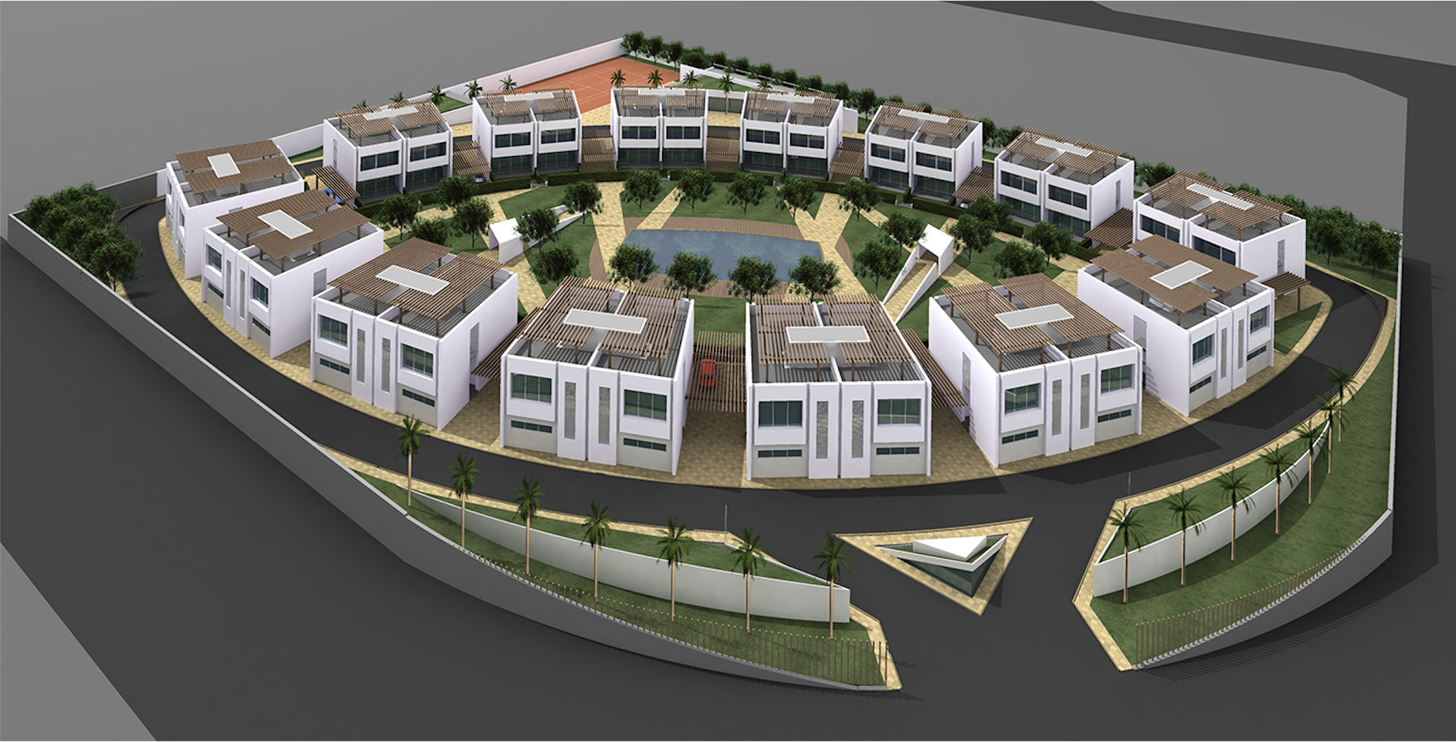 A computer-generated 3D rendering of a modern residential complex with white buildings, landscaped green spaces, pathways, a pond, and a central sports court, enclosed by a perimeter wall and entrance with a triangular feature.
