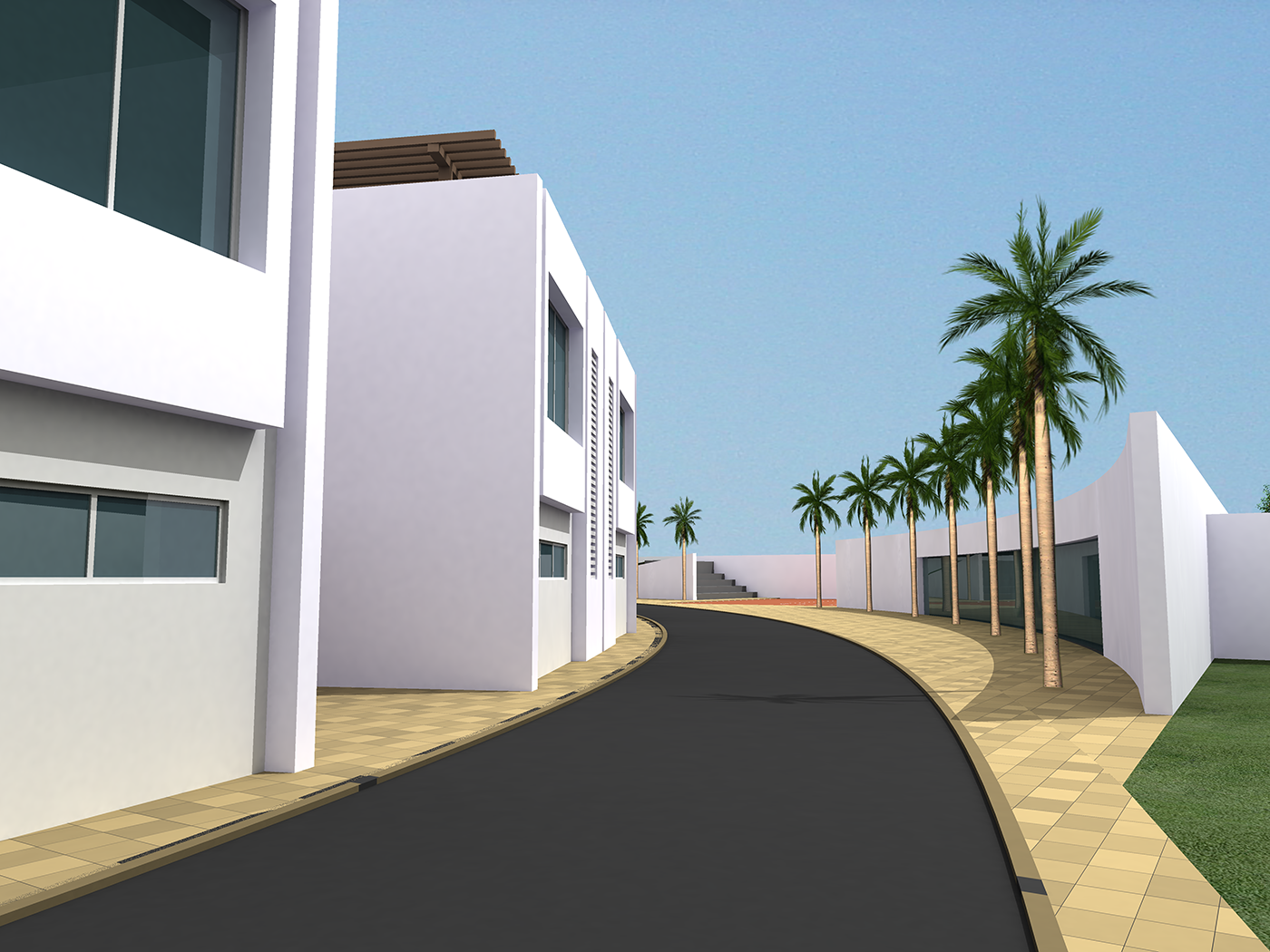 A modern residential neighborhood with white buildings, palm trees lining a curved road, and a clear blue sky.