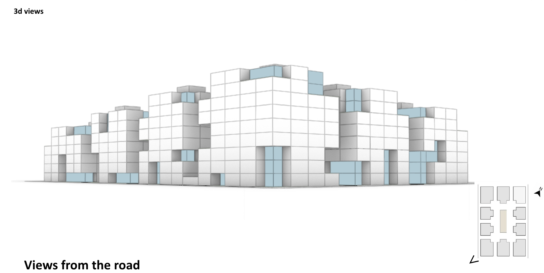 3D architectural rendering of a modern white building with blue-tinted windows, viewed from the road, with a site plan diagram in the bottom right corner.