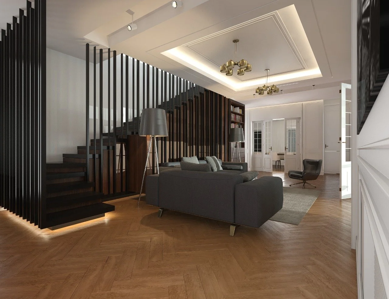 Modern living room with gray sofa, black armchair, wooden floors, and black wooden staircase with slats, with white walls and doorways, and contemporary ceiling lighting.