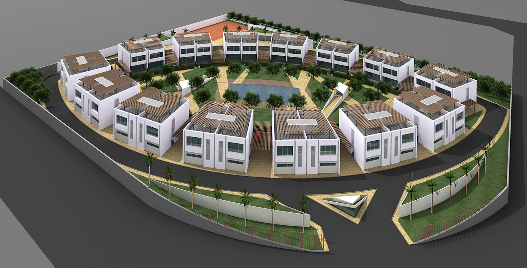 A 3D rendering of a modern residential complex with white buildings, landscaped gardens, a pond, palm trees, and a paved walking path, surrounded by a wall and an entrance gate.