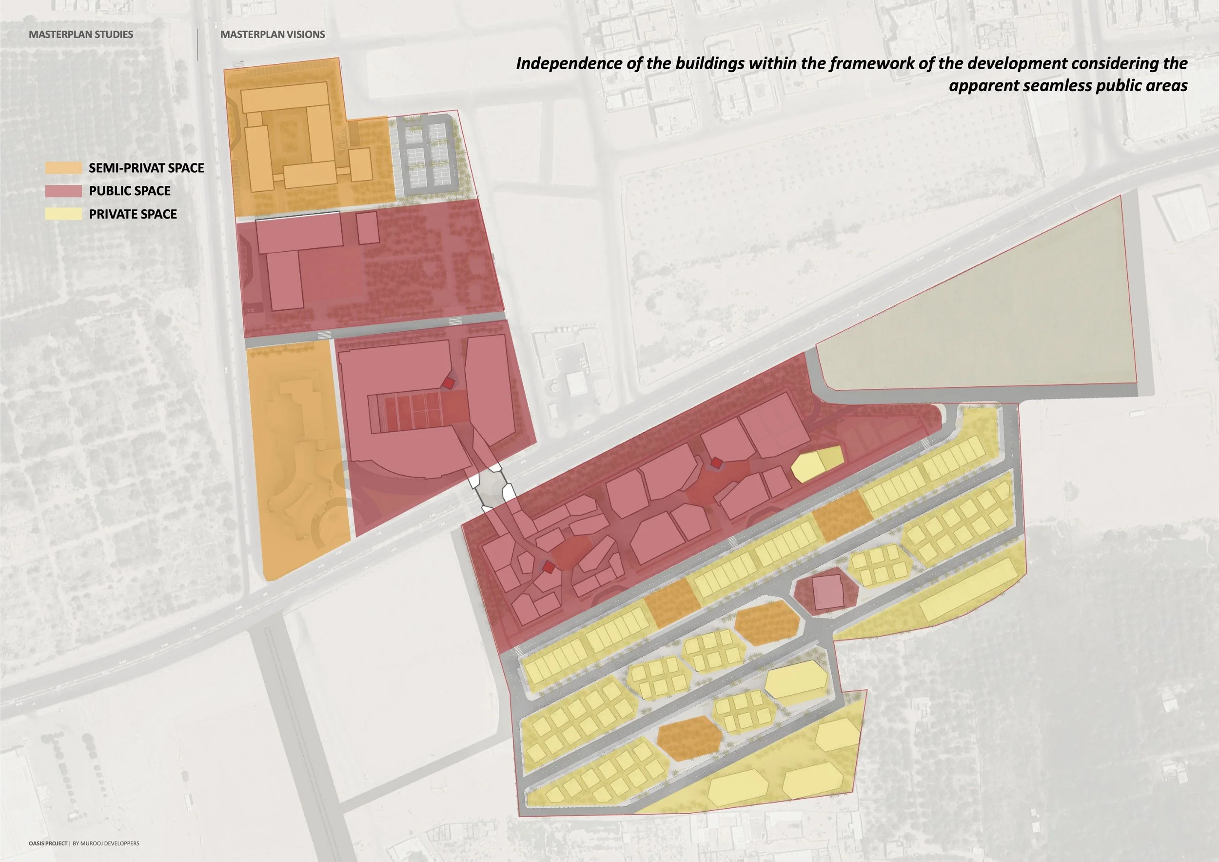A detailed urban planning map showing semi-private, public, and private spaces with color coding (orange, red, and yellow) and labels, outlining a development project.