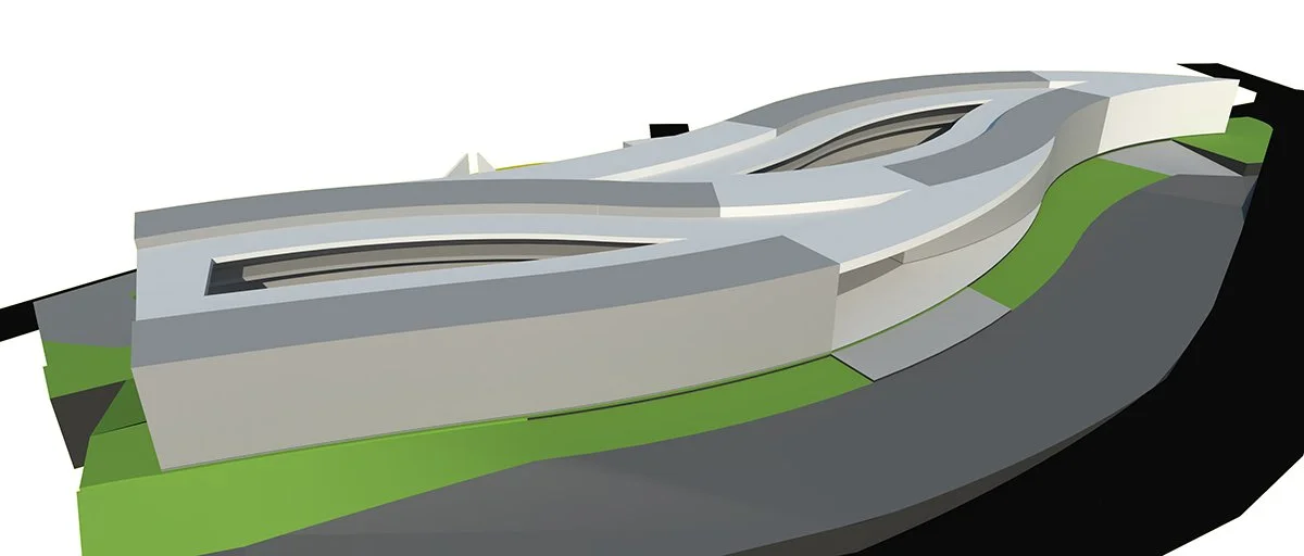 3D architectural model of a modern building with curved design and green landscaped area