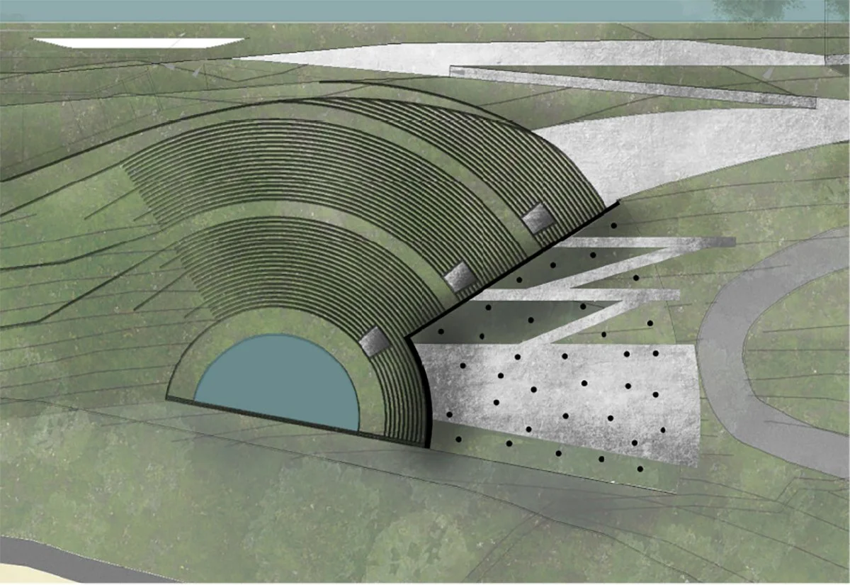 Architectural rendering of a modern amphitheater with tiered semi-circular seating, a curved stage, and surrounding landscape features including pathways and dotted areas.