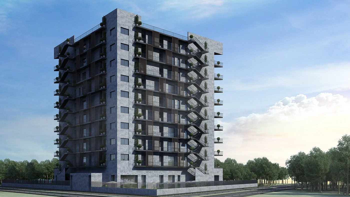 A tall modern residential building with an external spiral staircase on one side, several balconies with potted plants, and large windows, set against a blue sky with scattered clouds.