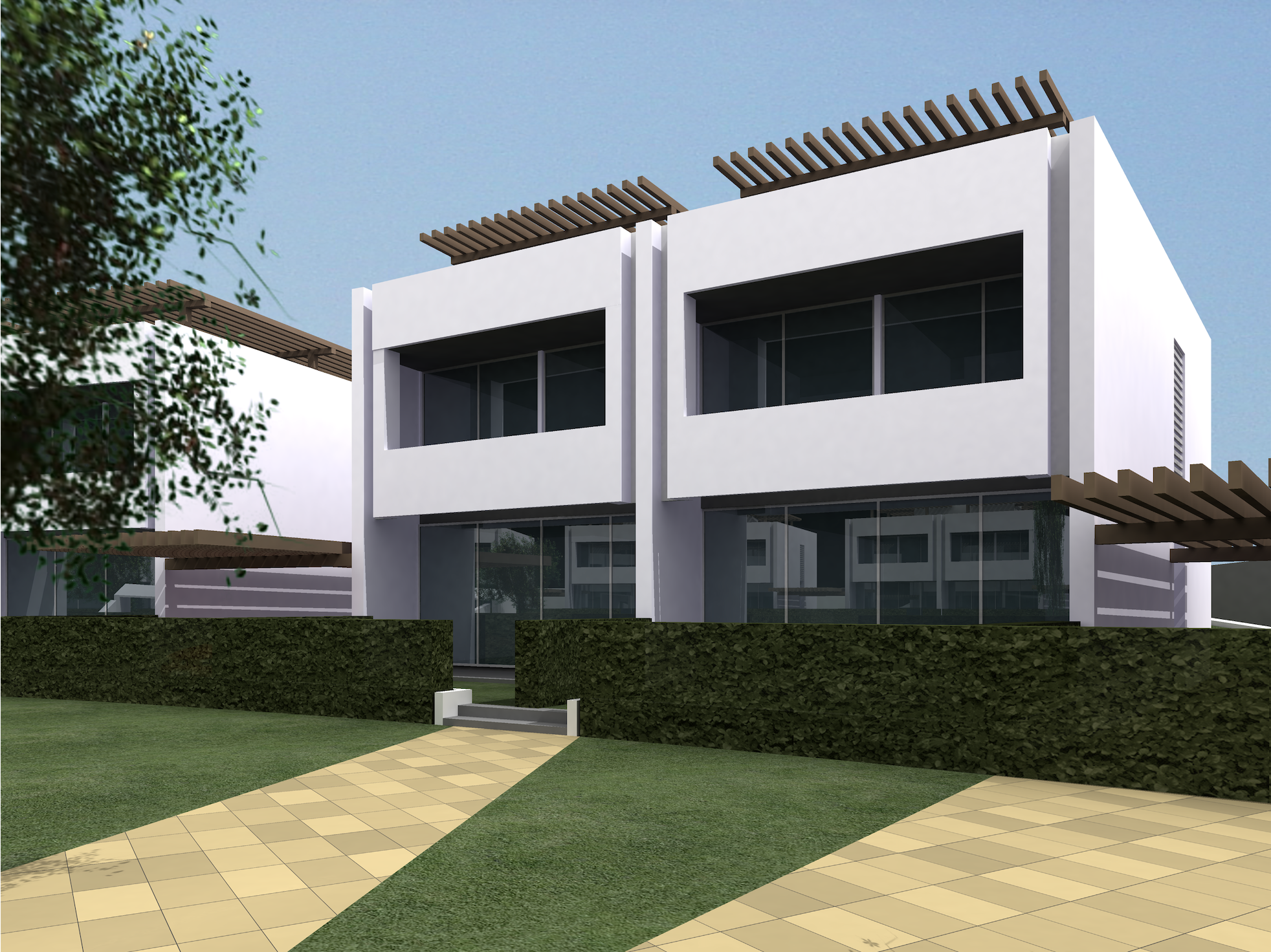 Modern two-story white house with large windows, wooden pergolas on the roof, and a landscaped yard with a paved walkway and green hedge