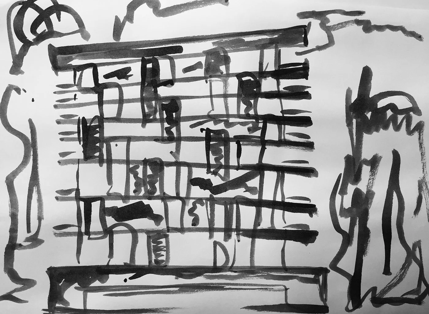 Black and white sketch of shelves filled with various objects, flanked by wavy lines on either side.