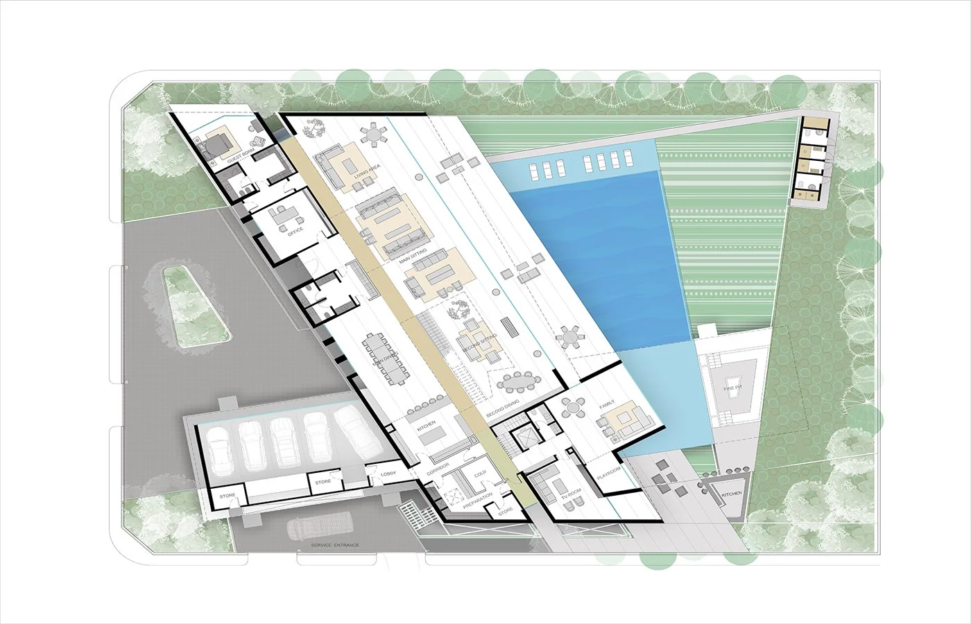 Architectural floor plan of a modern building with various rooms, outdoor pool area, and surrounding landscaping.