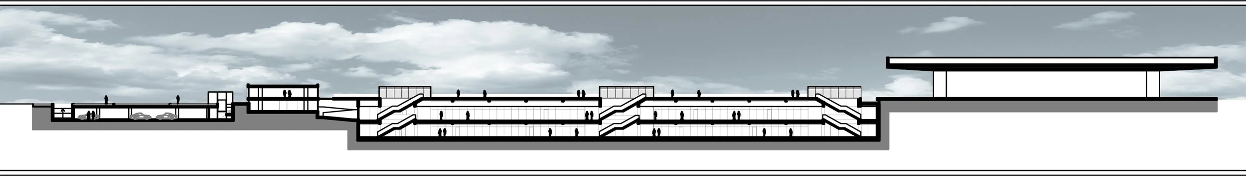 Cross-section illustration of a multi-level underground transportation station with walking areas, stairs, escalators, and a parking garage on the left, and a building or platform over the station on the right.
