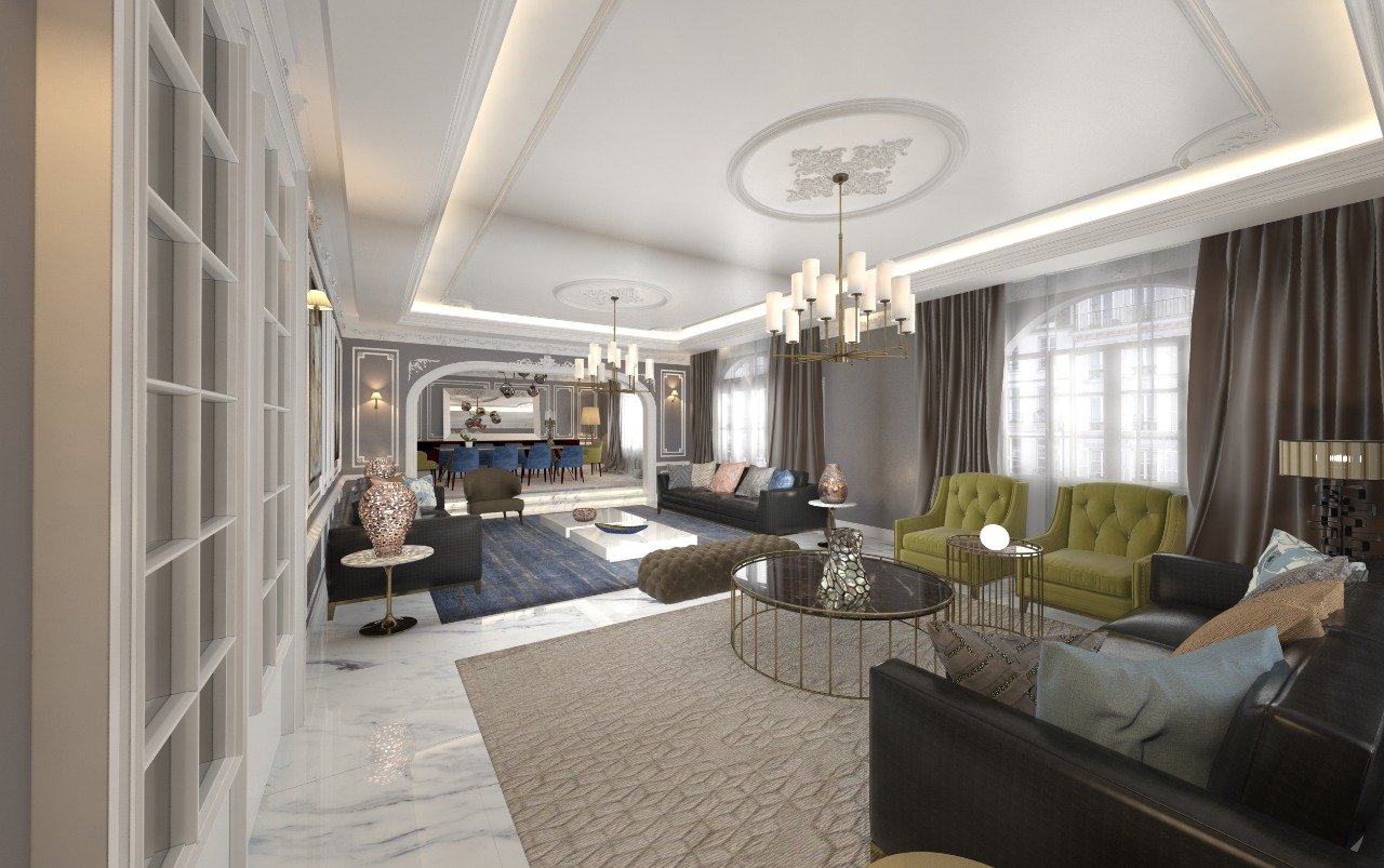 A spacious, elegant living room with white marble floors, large windows with curtains, and high ceilings with decorative molding. The room has various sofas and armchairs, a gold chandelier, and decorative vases and lamps. There is a dining area visi