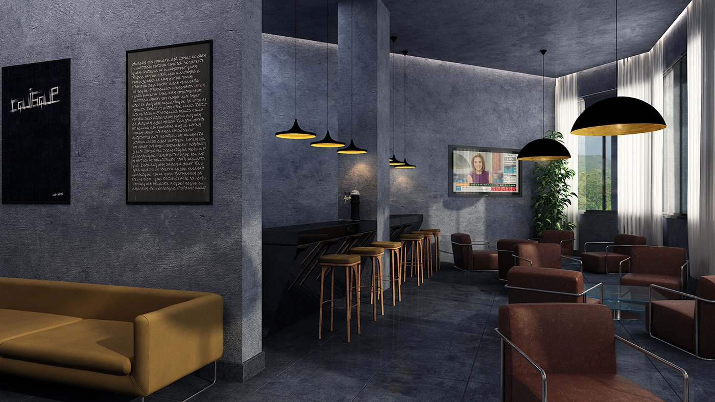 Modern lounge with leather chairs, a bar with high stools, wall art, a wall-mounted TV showing a news broadcast, large windows with curtains, and pendant lighting.
