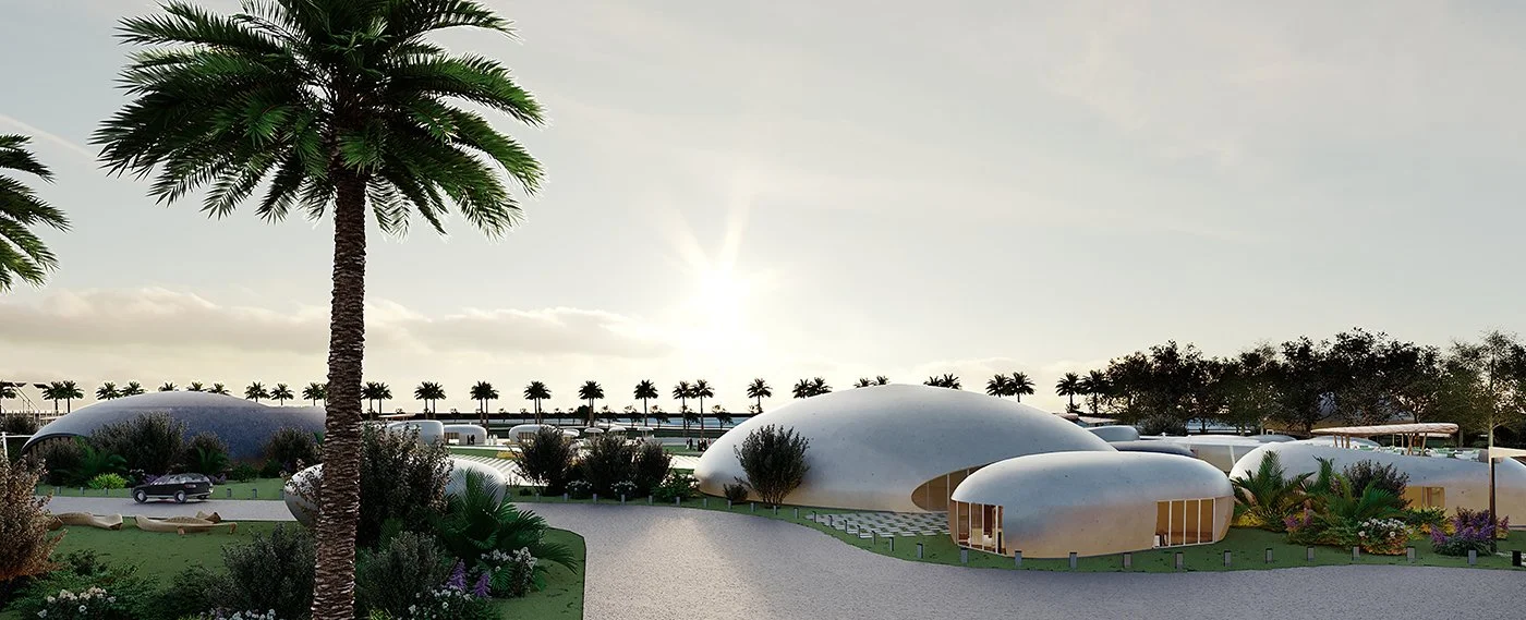 Futuristic, pod-like buildings with rounded, smooth shapes in a lush landscape with palm trees and flowers, set against a sunset sky.