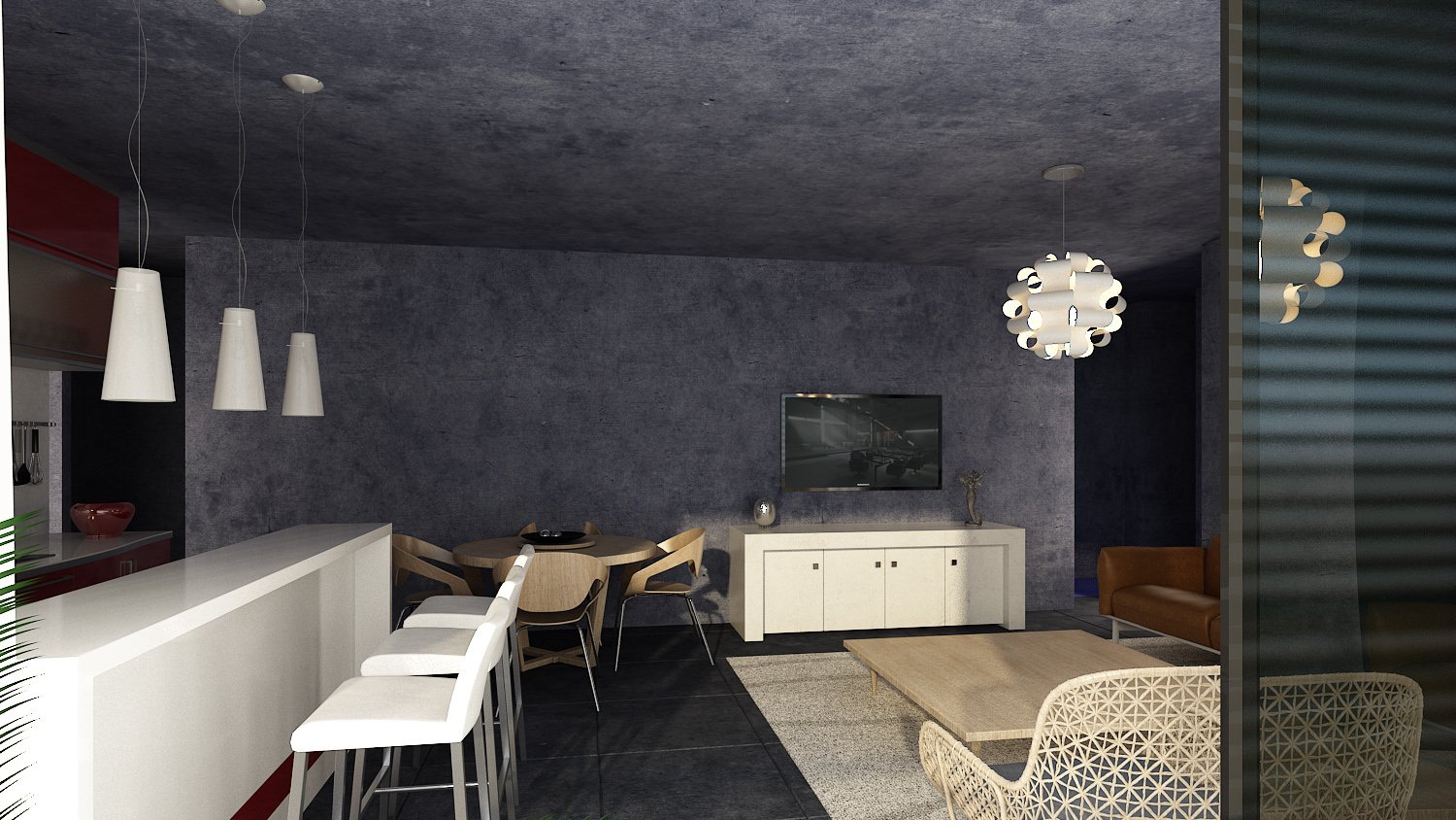 Modern living room with gray textured walls, a flat-screen TV mounted on the wall, a white entertainment console, a round wooden dining table with chairs, a white bar counter with stools, and contemporary pendant and chandelier lighting fixtures.