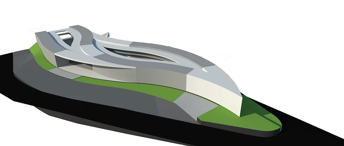 3D rendering of a modern, futuristic yacht sailing on the water.
