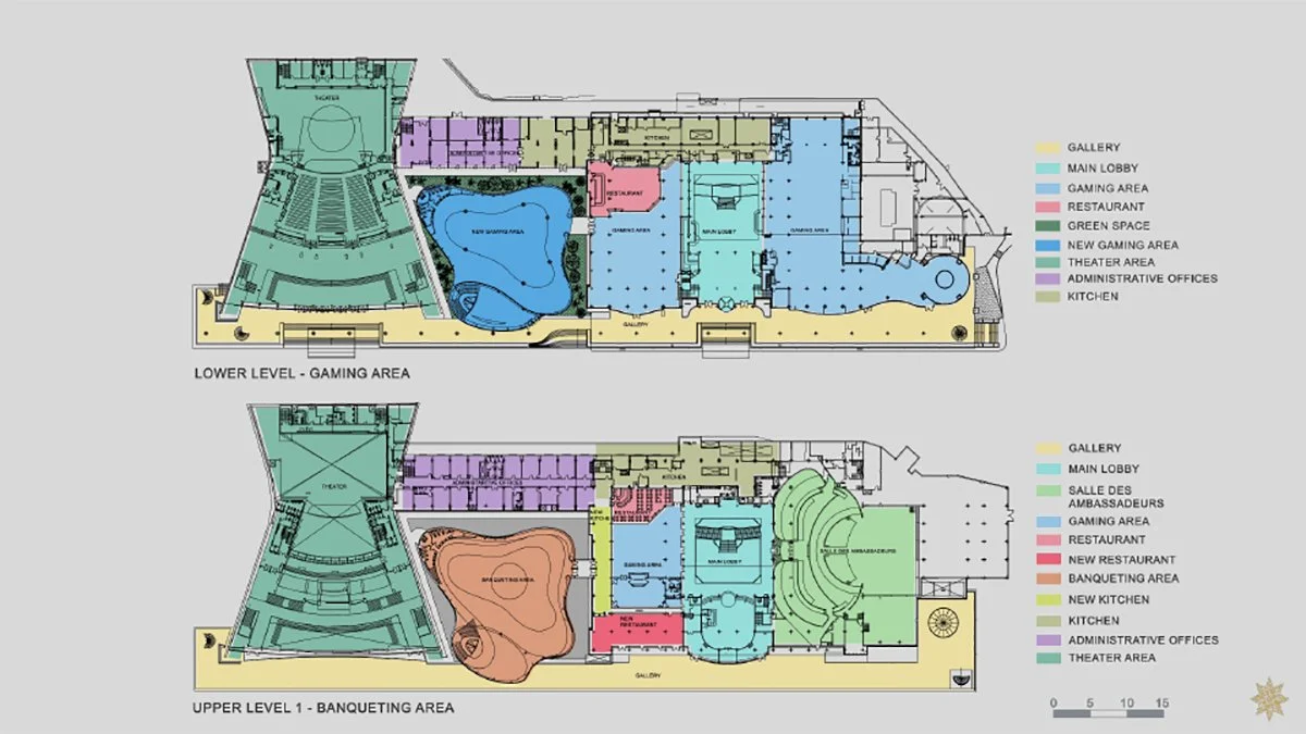 Floor plans of a building for a gaming and entertainment complex, featuring upper and lower levels with designated areas for gaming, dining, theater, and administrative offices.