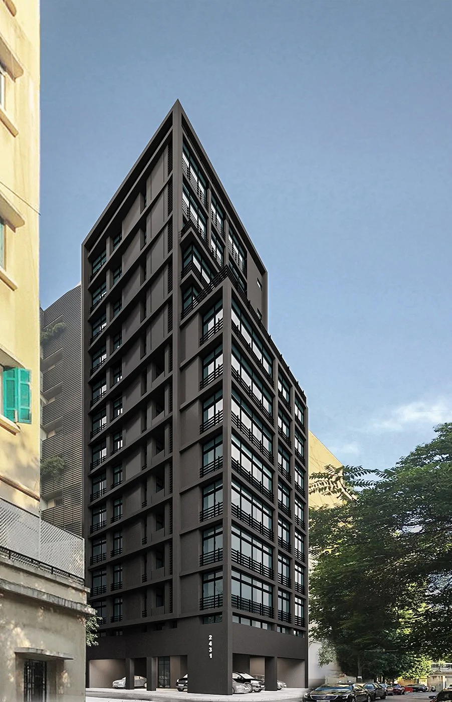 A tall modern high-rise building with dark exterior and numerous windows, located between older buildings in an urban setting.