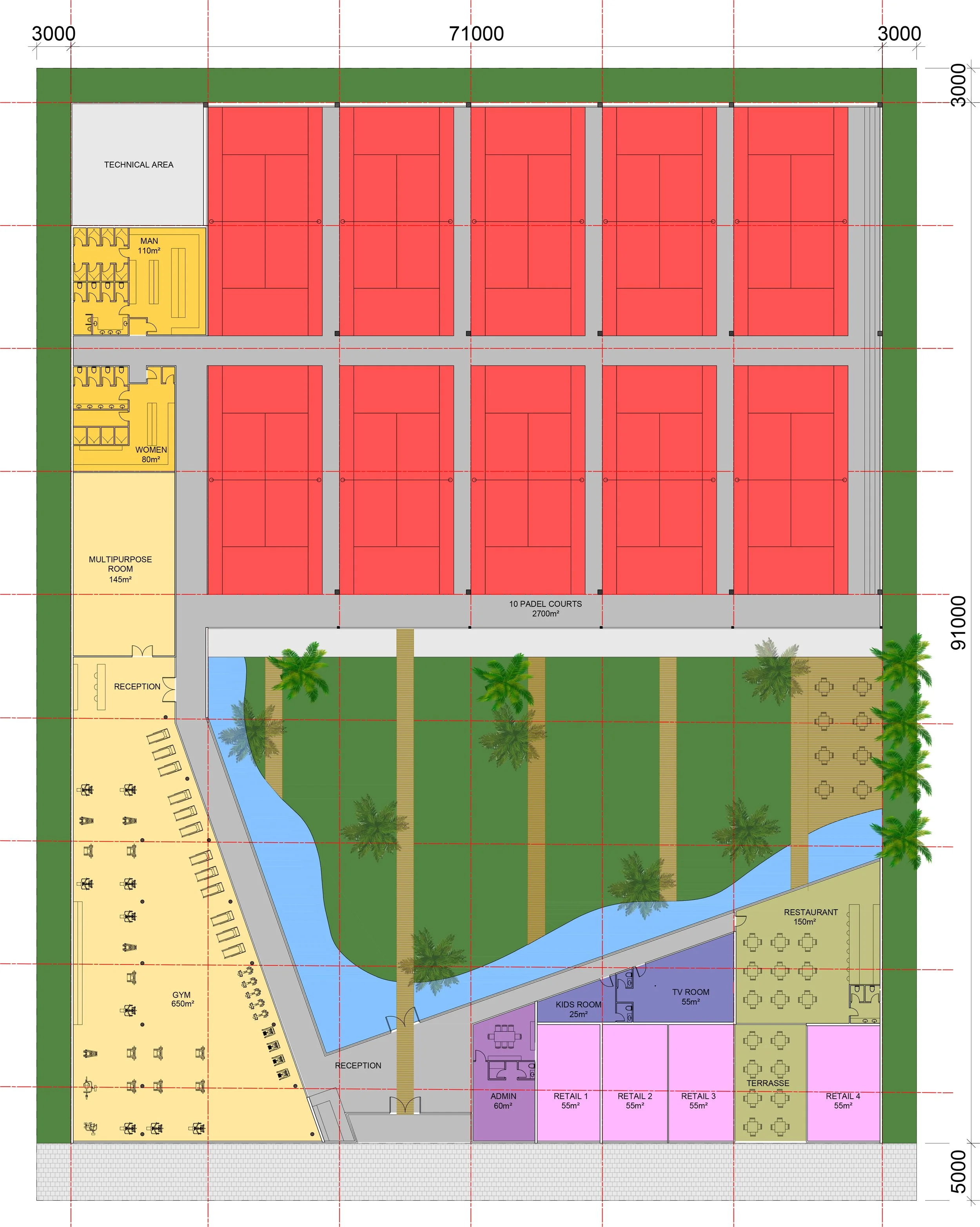 Architectural floor plan of a recreational facility with various colored sections, including padel courts, a pool, a gym, a restaurant, and multiple rooms, surrounded by green grass and palm trees.