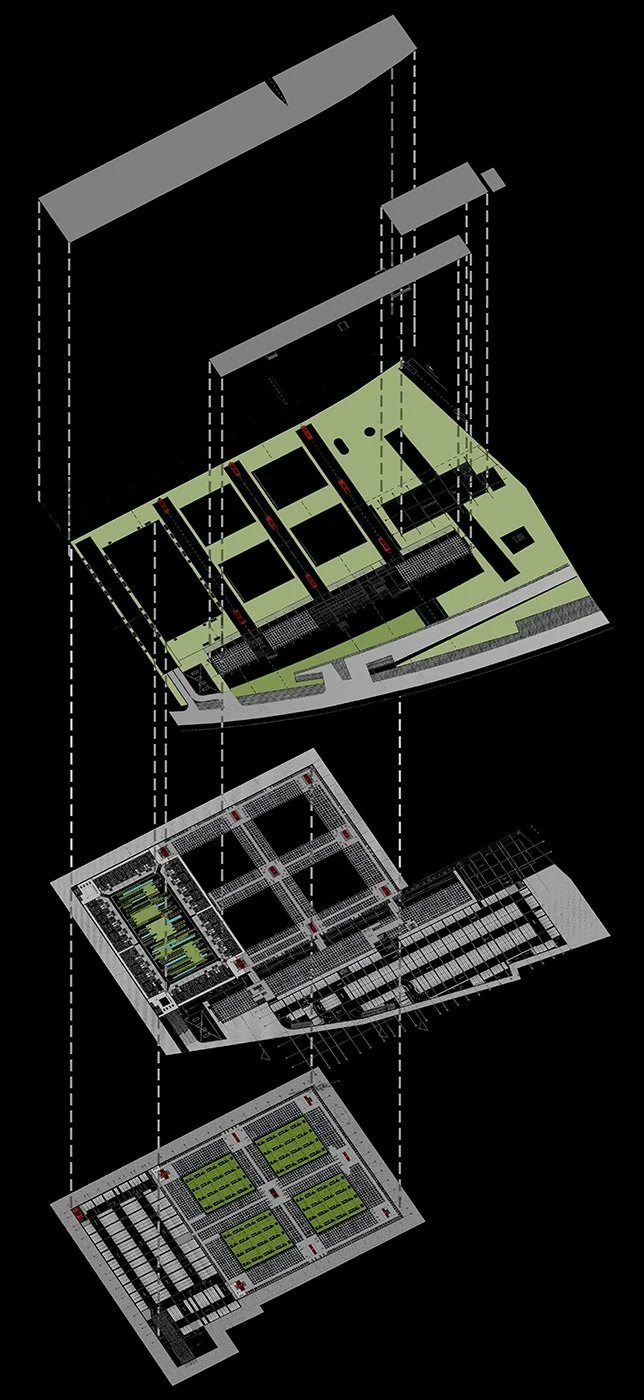 A digital architectural drawing of a multi-level sports facility, including courts, seating areas, and surrounding landscape, shown in an exploded view.