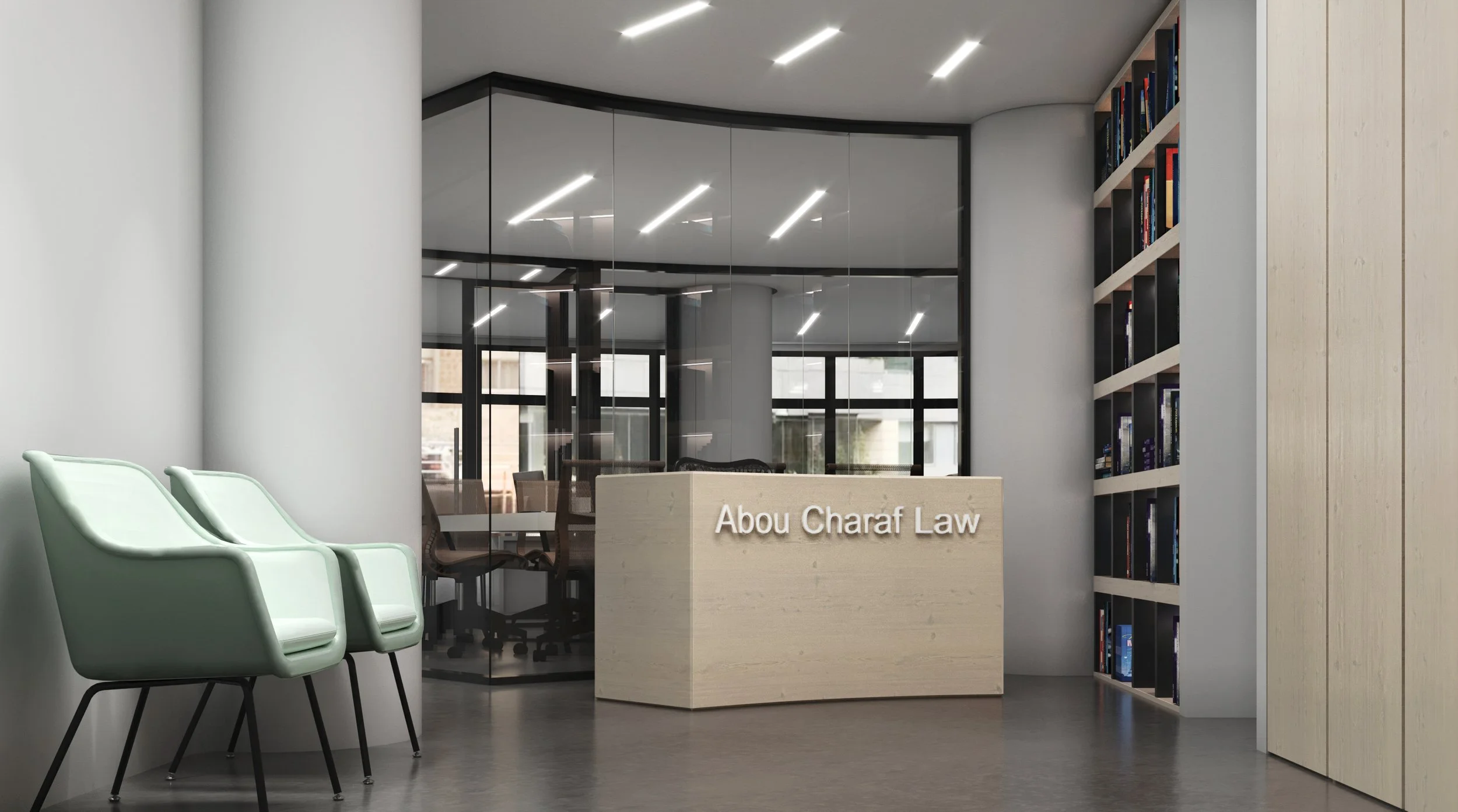 Modern reception area with a light wood desk labeled "Abou Charaf Law," glass-walled conference room behind, mint green chairs on the left, and a tall bookshelf filled with books on the right.