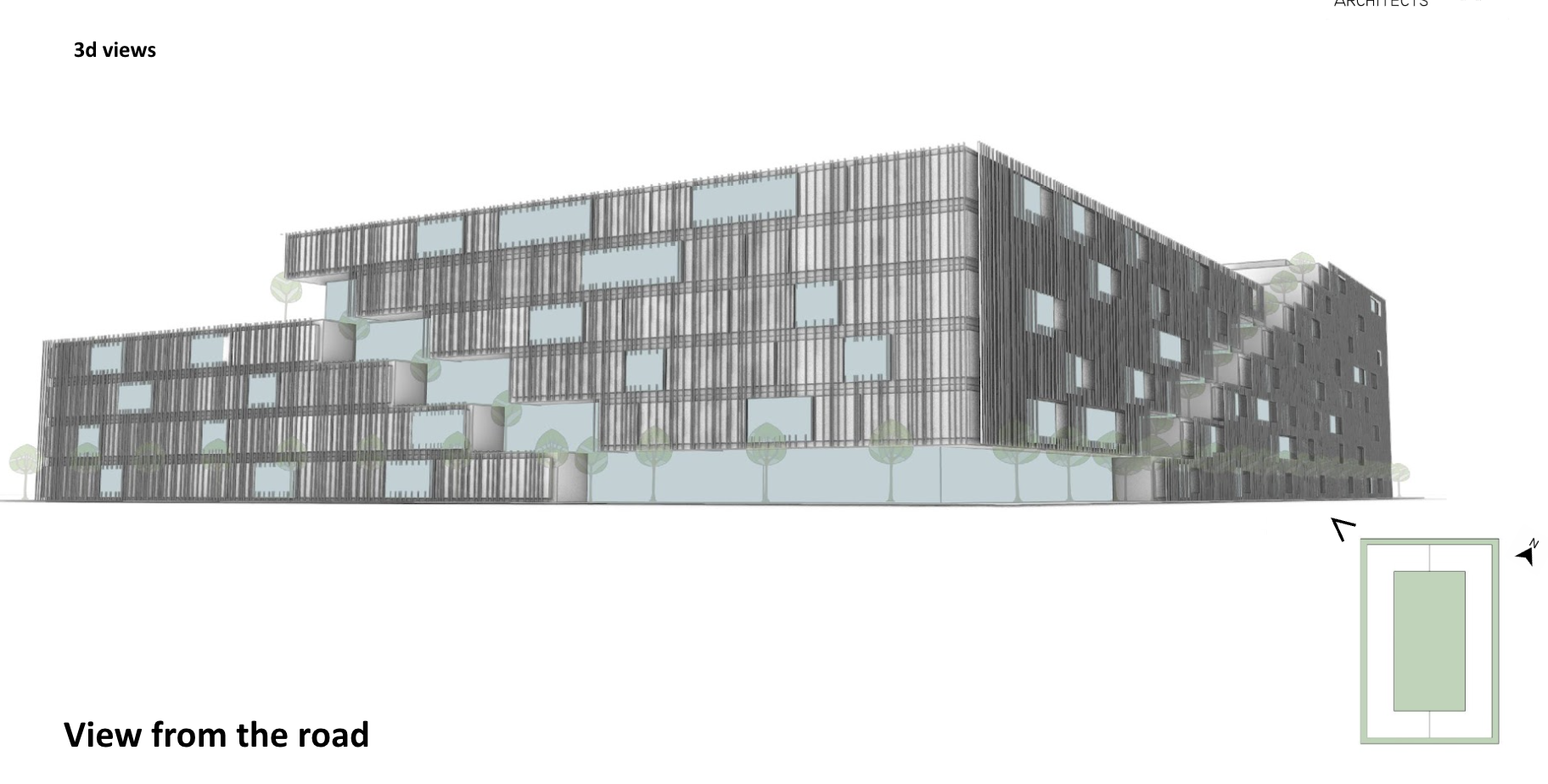 Architectural drawing of a multi-story modern building with wooden slat facades, large windows, and landscaped surroundings including trees, viewed from the road with a site plan in the corner.