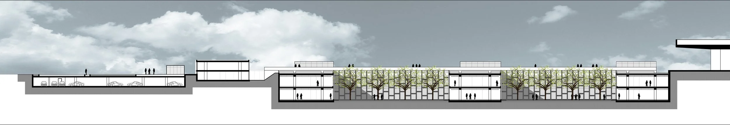 Architectural section of a modern building complex with underground parking, open interior spaces, and large trees integrated into the design under a cloudy sky.