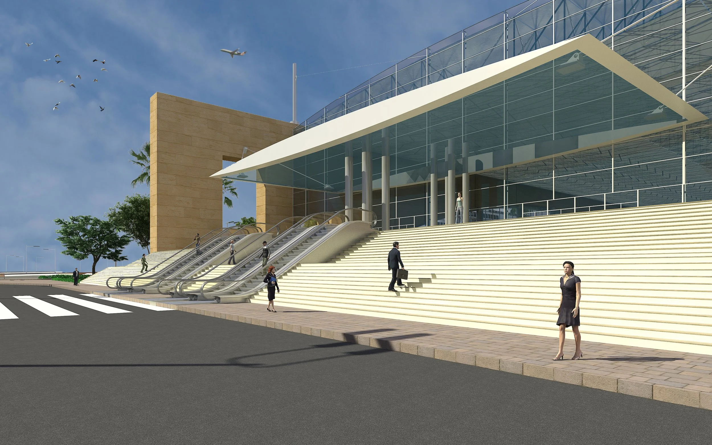 Modern building with glass facade, stairs, and escalators outside. Several people are walking near the steps and escalators, some holding briefcases. The sky is blue with a few clouds and birds flying. There are trees and street lamps in the backgrou