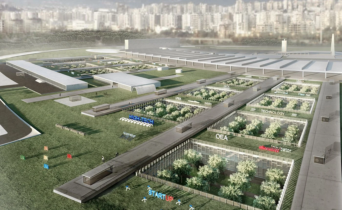 A large modern innovation campus with labeled sections for various technologies, trees, and pathways, featuring a prominent 'HIGH TECH' sign, and a city skyline in the background.